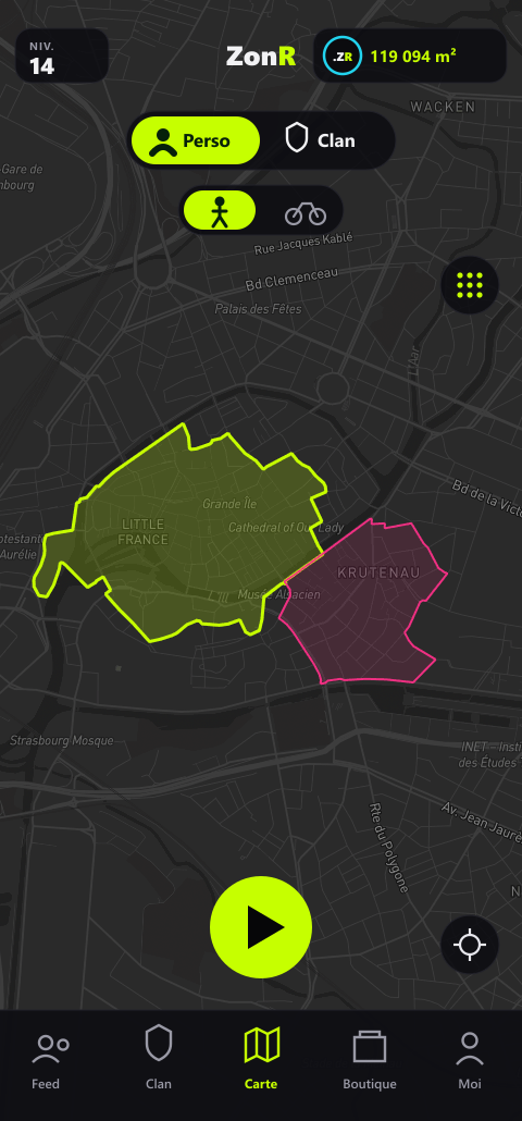 Écran de la carte dans l'application ZonR, avec deux zones capturées à Strasbourg