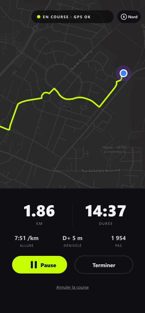 ZonR pendant une course : tracé GPS, distance et durée